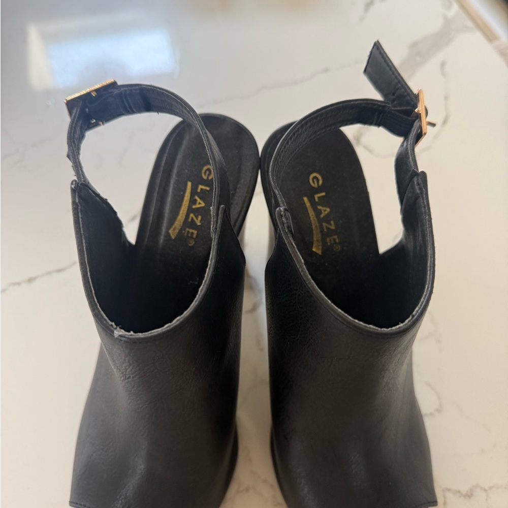 Glaze Black Leather Slingback Peep-Toe Mules